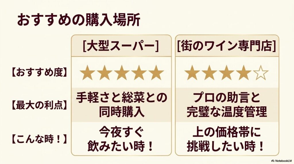 大型スーパーと街のワイン専門店における 、おすすめ度、最大の利点、どんな時に適しているかを比較した表