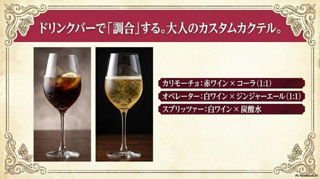 カリモーチョ、オペレーター、スプリッツァーといったワインとドリンクバーの調合レシピを紹介するスライド