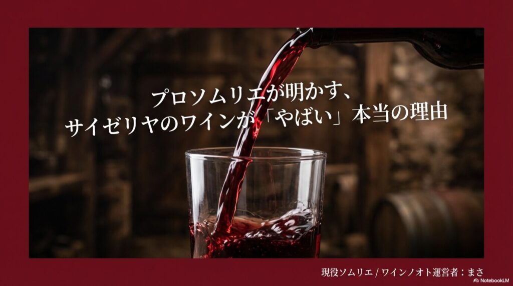 ワイングラスに赤ワインが注がれている様子と、プロソムリエが明かすサイゼリヤのワインが「やばい」本当の理由というタイトルのスライド