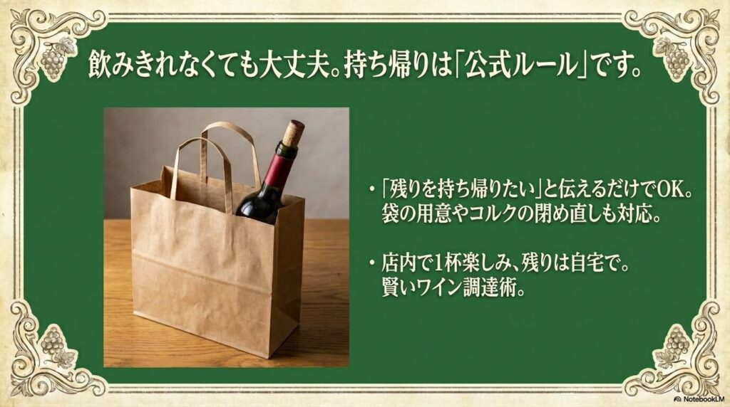 紙袋に入ったワインボトルの画像と、飲みきれなくても持ち帰りが公式ルールであることを説明するスライド