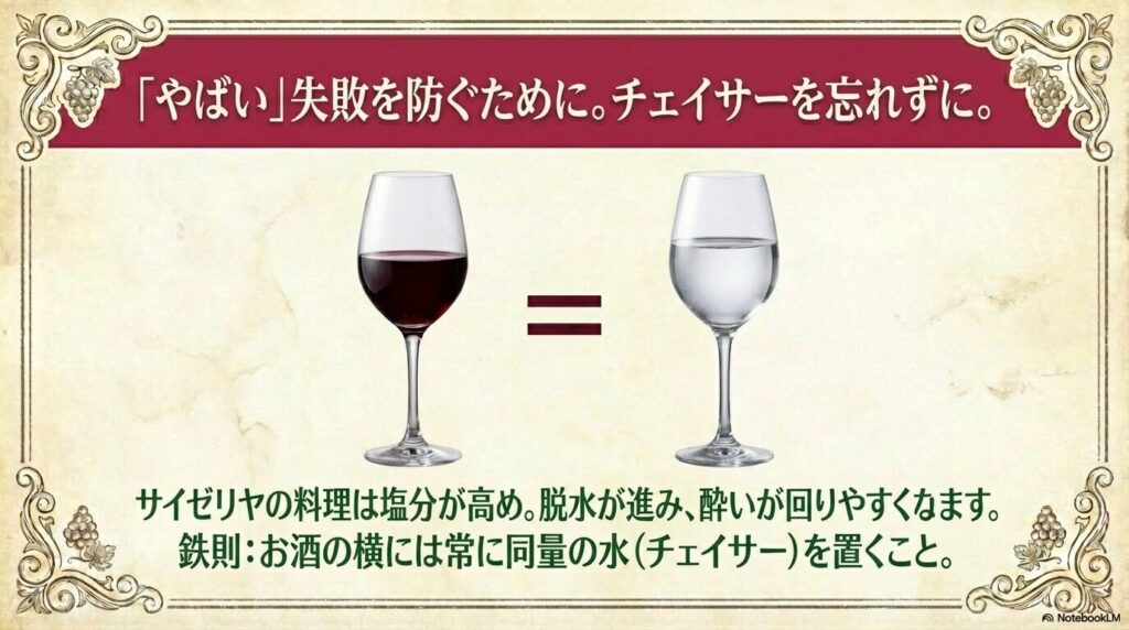 ワイングラスと水の画像。料理の塩分による脱水を防ぐため、同量の水（チェイサー）を置くことを推奨するスライド