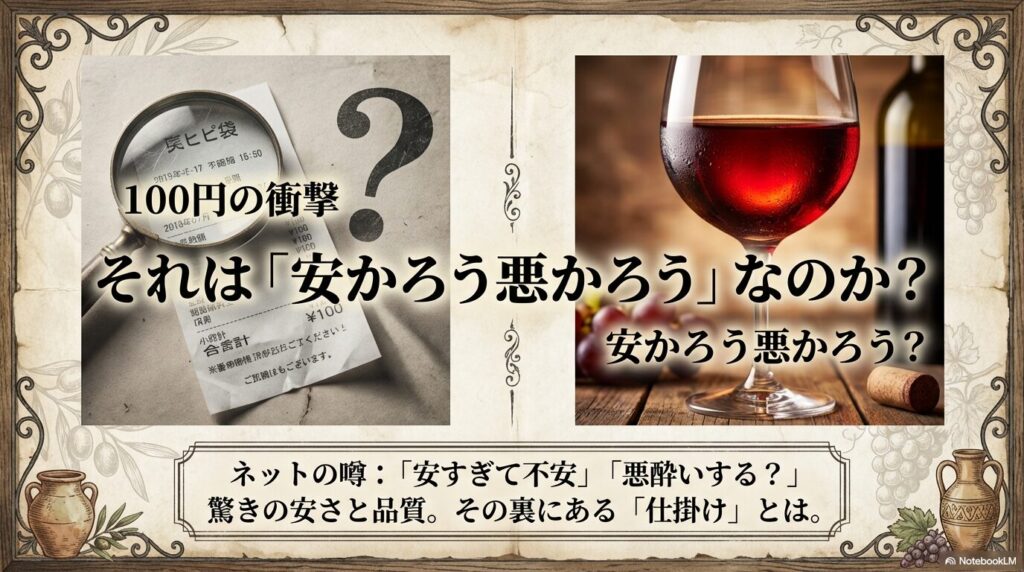 100円のレシート画像と、ネットの噂「安すぎて不安」「悪酔いする？」といった文字が書かれたスライド