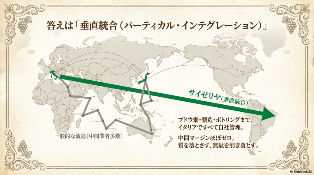一般的な流通とサイゼリヤの自社管理体制を比較し、中間マージンをカットして質を落とさず安さを実現する仕組みの図解