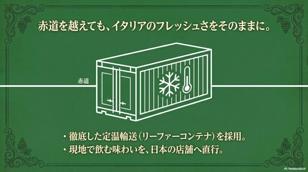 リーファーコンテナによる徹底した定温輸送で、イタリアのフレッシュさを日本の店舗へ直行させる説明スライド