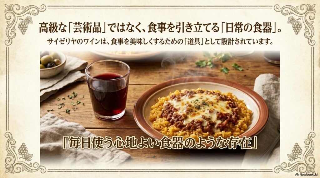 サイゼリヤのワインは高級な芸術品ではなく、毎日使う心地よい食器のような存在であると説明するスライド