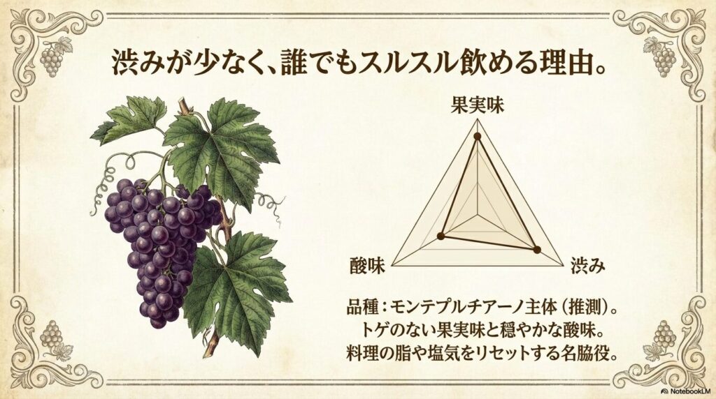 ブドウのイラストと、果実味・酸味・渋みのバランスを示すレーダー