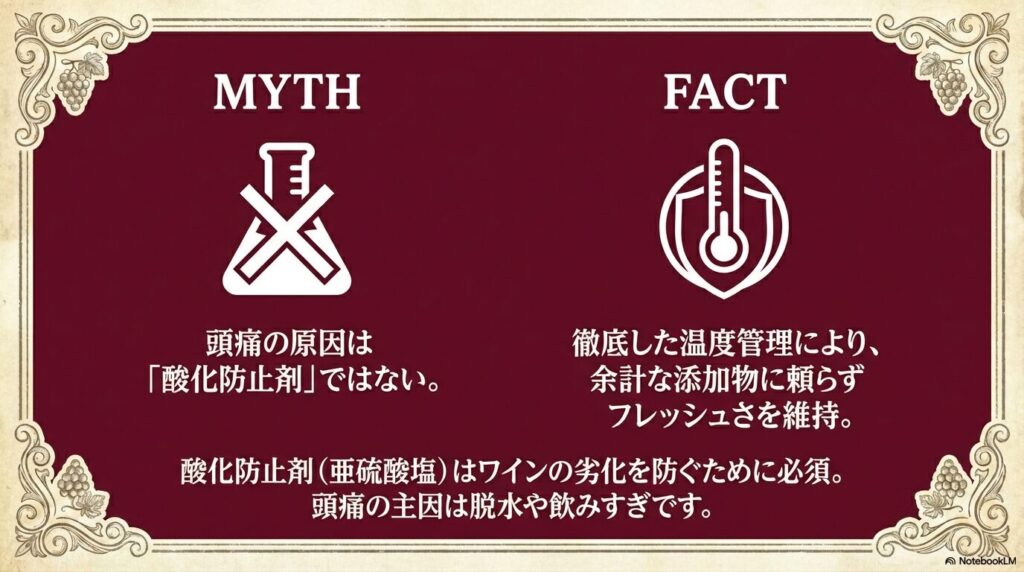 頭痛の原因は酸化防止剤ではなく脱水や飲み過ぎであり、温度管理で添加物を最小限に抑えていることを説明するスライド
