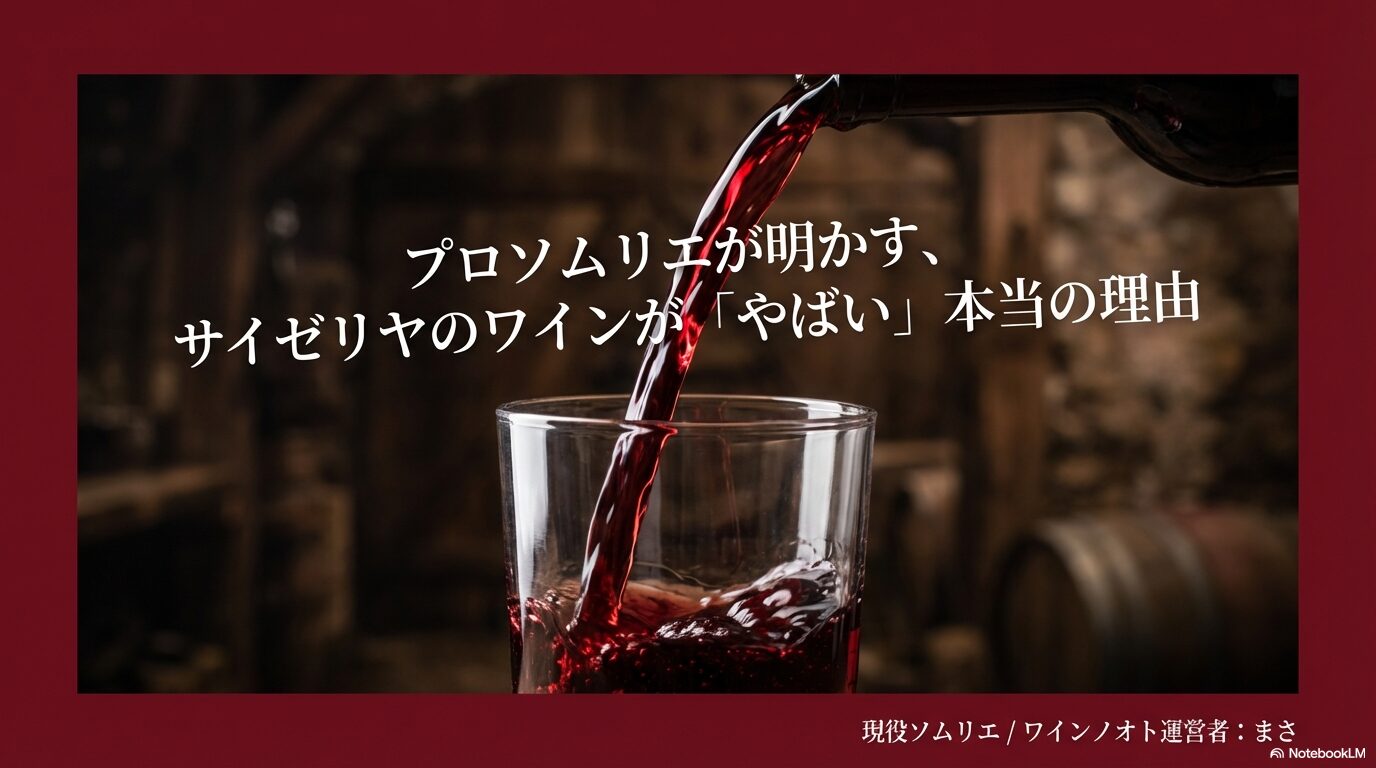 ワイングラスに赤ワインが注がれている様子と、プロソムリエが明かすサイゼリヤのワインが「やばい」本当の理由というタイトルのスライド