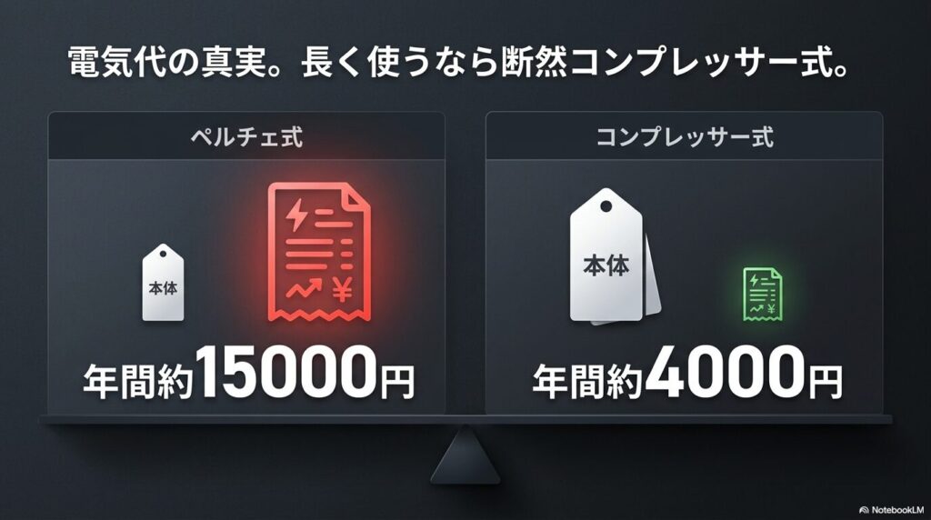 ペルチェ式は年間約15000円、コンプレッサー式は年間約4000円と電気代が圧倒的に安い