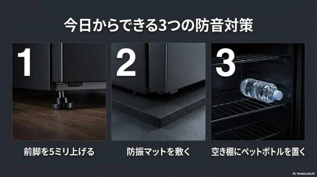 今日からできる防音対策:前脚を5ミリ上げる、防振マットを敷く、空き棚にペットボトルを置く