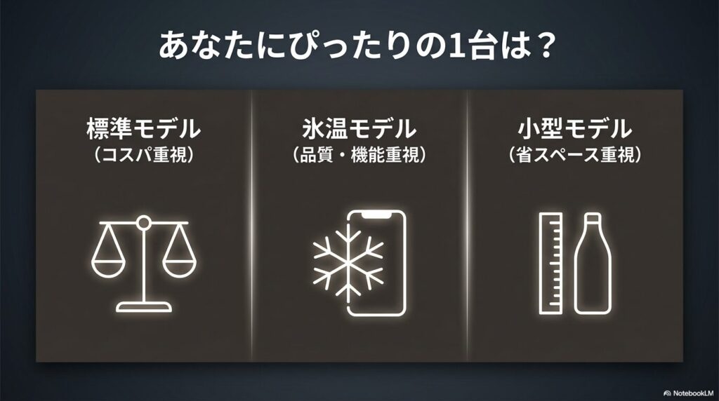 用途に合わせたワインセラー選び:コスパ重視の標準モデル、機能重視の氷温モデル、省スペース重視の小型モデル