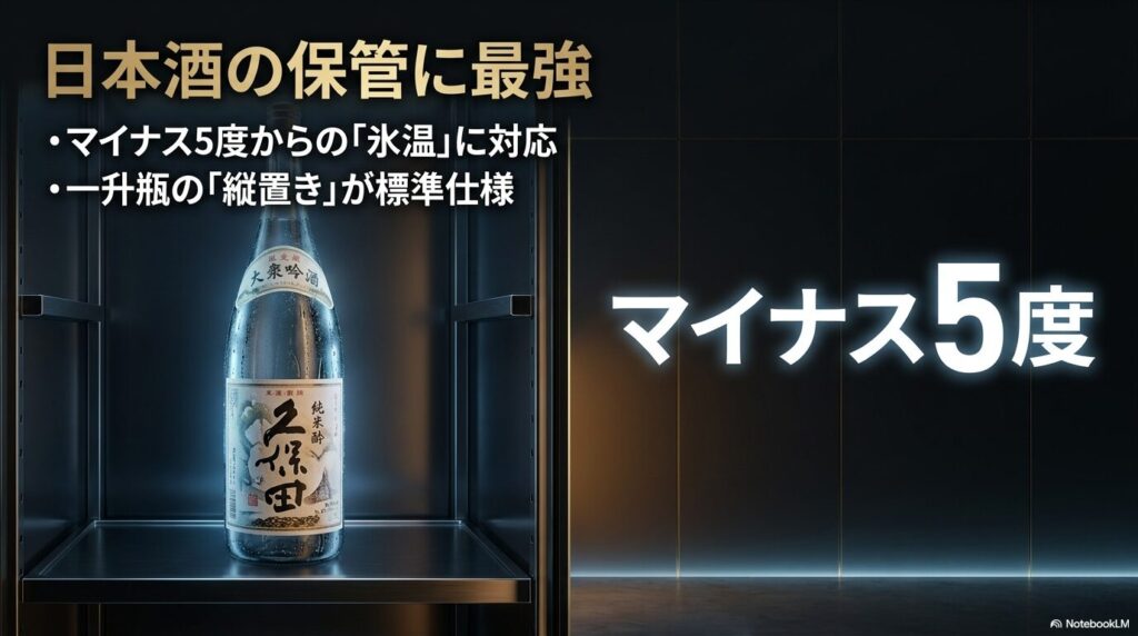 日本酒の保管に最強。マイナス5度からの氷温に対応し、一升瓶の縦置きが標準仕様