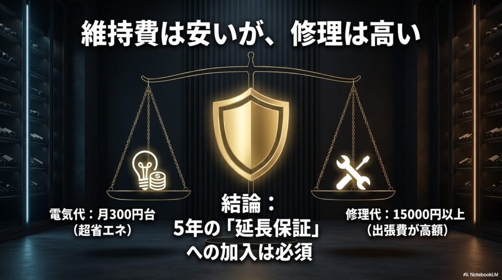 維持費は安いが修理は高い。電気代は月300円台と超省エネだが、修理代は15000円以上かかるため5年の延長保証への加入は必須
