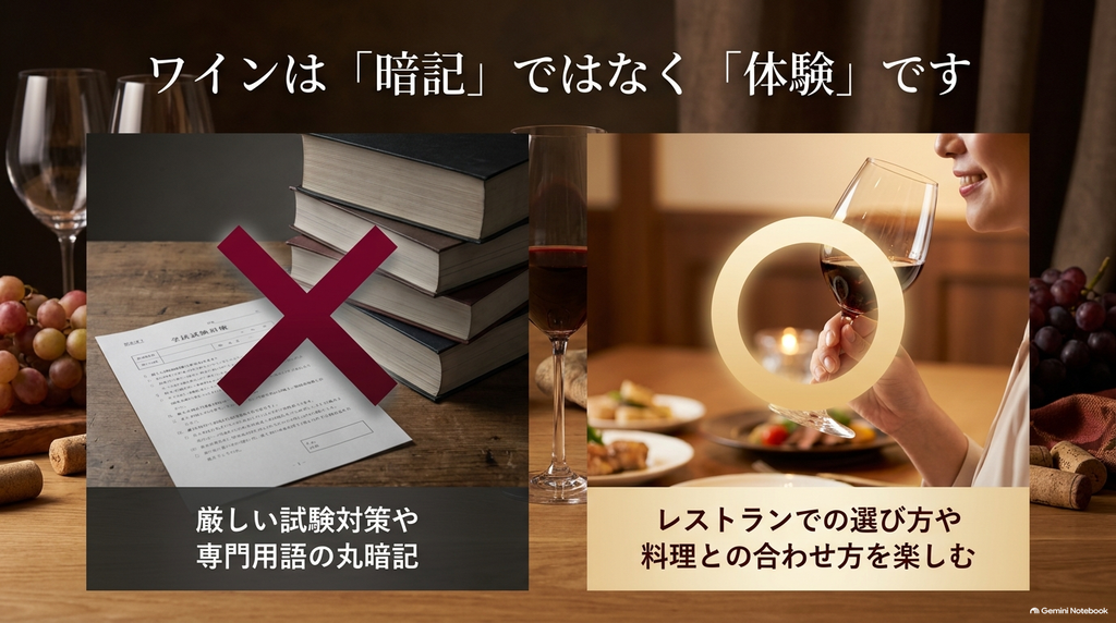 ワインは暗記ではなく体験。厳しい試験対策ではなく、レストランでの選び方や料理との合わせ方を楽しむ