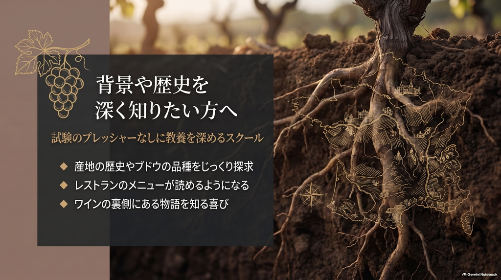 試験のプレッシャーなしに、産地の歴史やブドウの品種を探求し教養を深めるワインスクールの特徴