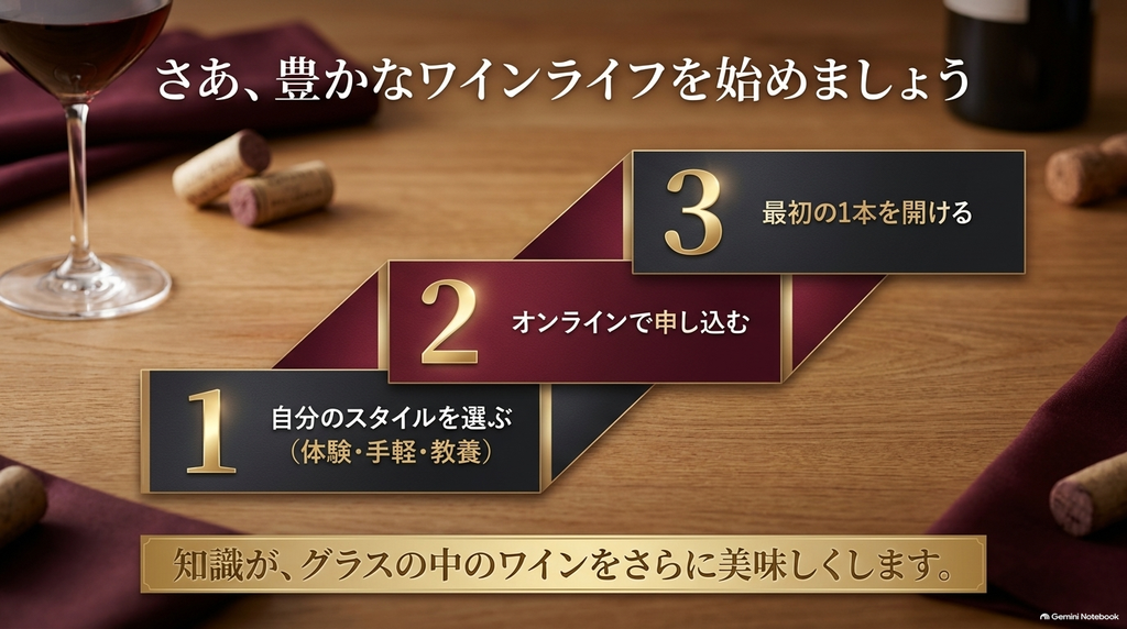 豊かなワインライフを始めるための3ステップ（自分のスタイルを選ぶ、オンラインで申し込む、最初の1本を開ける）