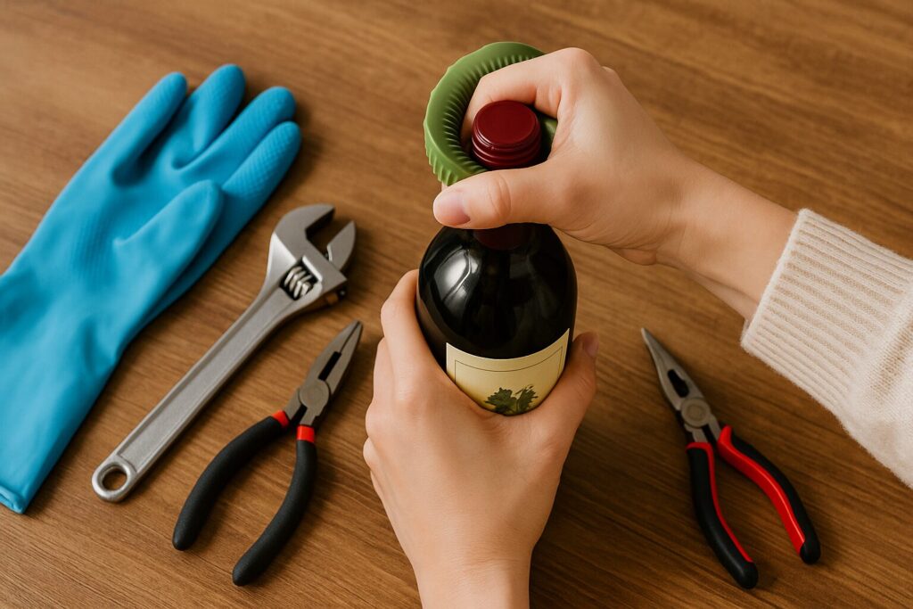 木製テーブルの上で、右手がゴムオープナーを使ってワインボトルのスクリューキャップを回している様子を写した写真。左手にはレンチやペンチなど他の道具が置かれており、比較しながら選んでいる