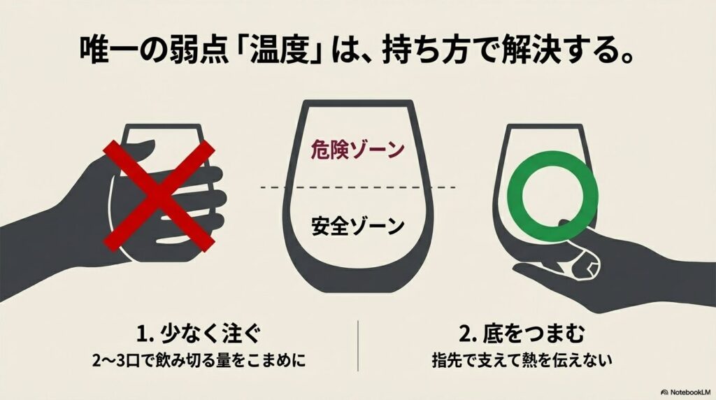 脚なしワイングラスの弱点である温度上昇を防ぐため、少なく注ぐことやグラスの底をつまむといった解決策