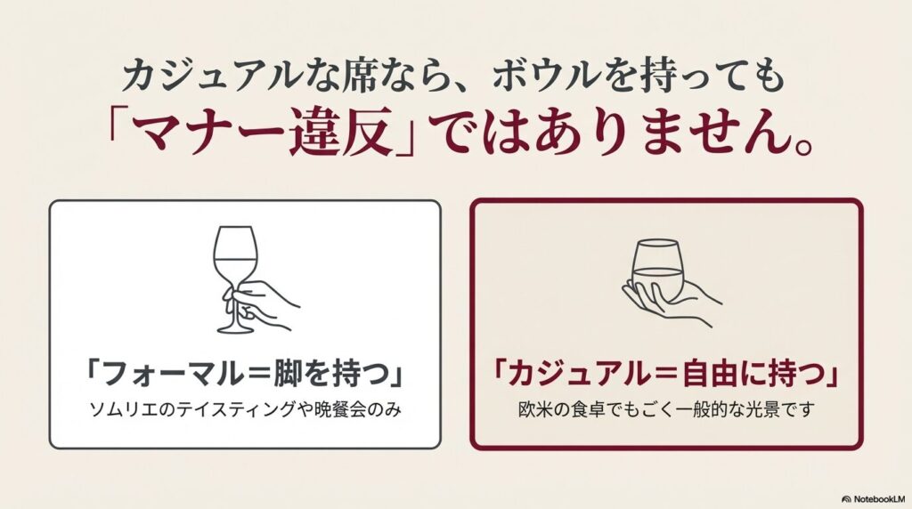 カジュアルな席ならワイングラスのボウルを持ってもマナー違反ではなく、欧米でも一般的な光景である理由