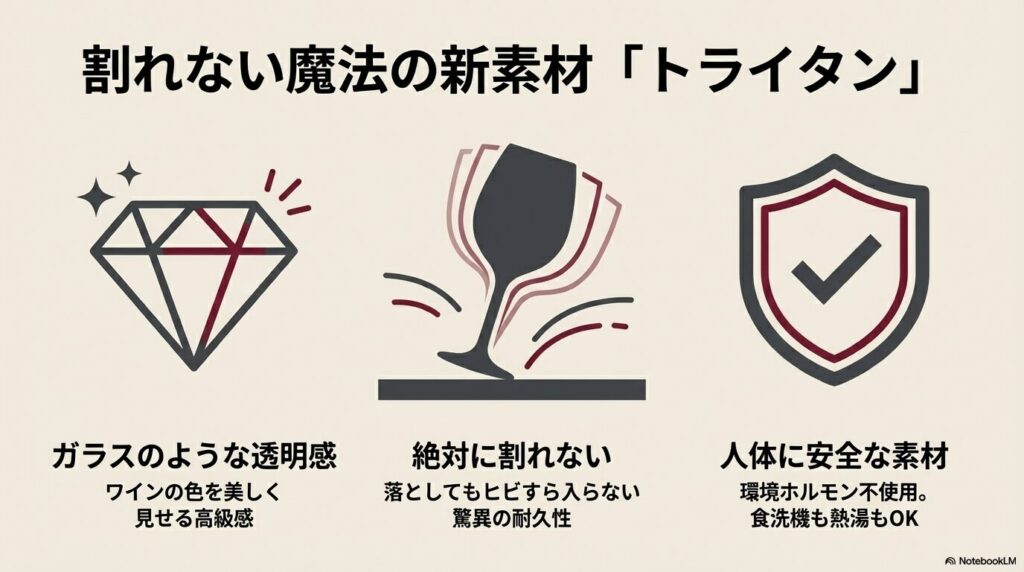 ガラスのような透明感を持ち、絶対に割れず、人体にも安全な環境ホルモン不使用の新素材トライタン