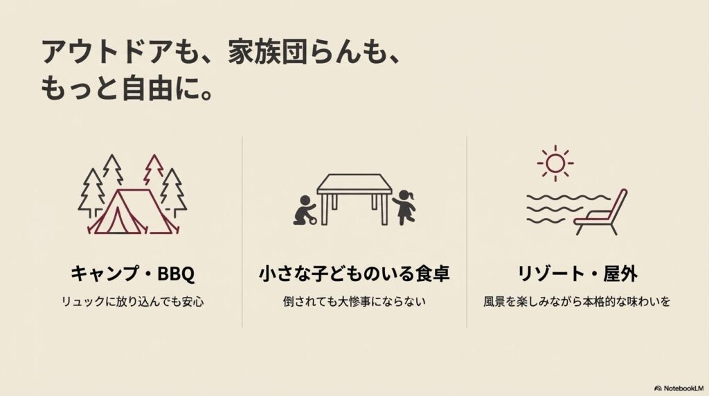 キャンプやBBQ、小さな子どものいる食卓や屋外リゾートなど、自由なライフスタイルで活躍する脚なしグラス