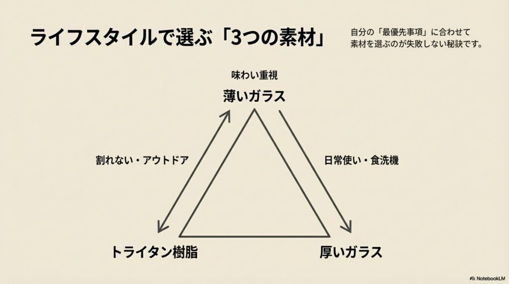 トライタン樹脂、薄いガラス、厚いガラスなど、日常使いやアウトドアといった最優先事項に合わせて選ぶワイングラスの素材