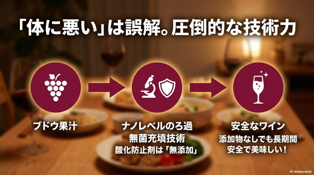 ナノレベルのろ過と無菌充填技術により、酸化防止剤無添加でも長期間安全で美味しいワインを実現