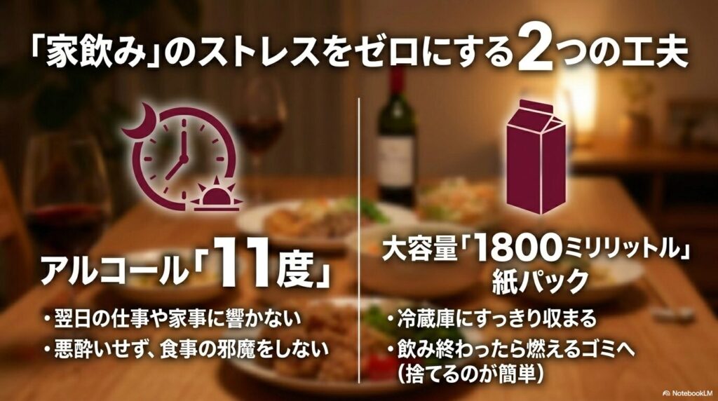 翌日に響かないアルコール11度と、冷蔵庫に収まり捨てやすい1800ミリリットル紙パックの工夫
