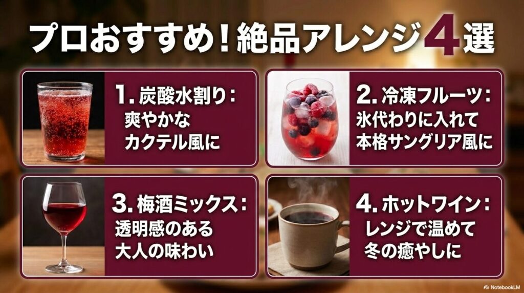炭酸水割り、冷凍フルーツ入り、梅酒ミックス、ホットワインの絶品アレンジ4選