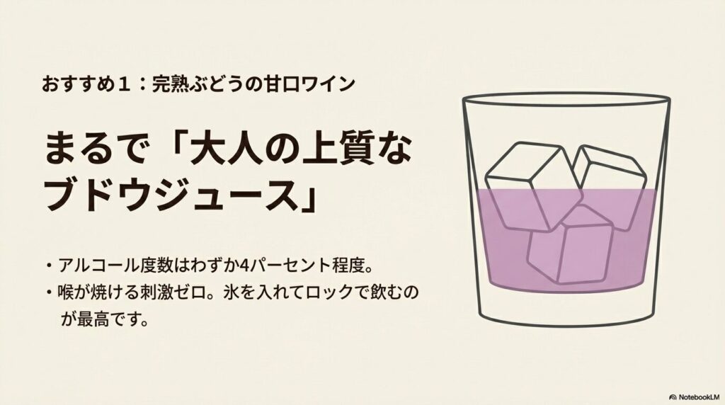 アルコール度数4パーセントで大人のブドウジュースのような甘口ワイン