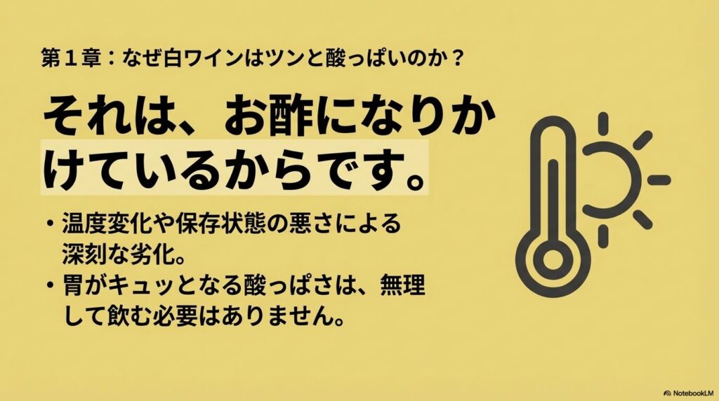 白ワインが酸っぱいのは劣化してお酢になりかけているから