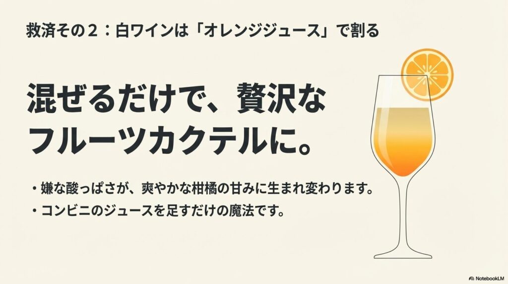 すっぱい白ワインはオレンジジュースで割ってフルーツカクテルに