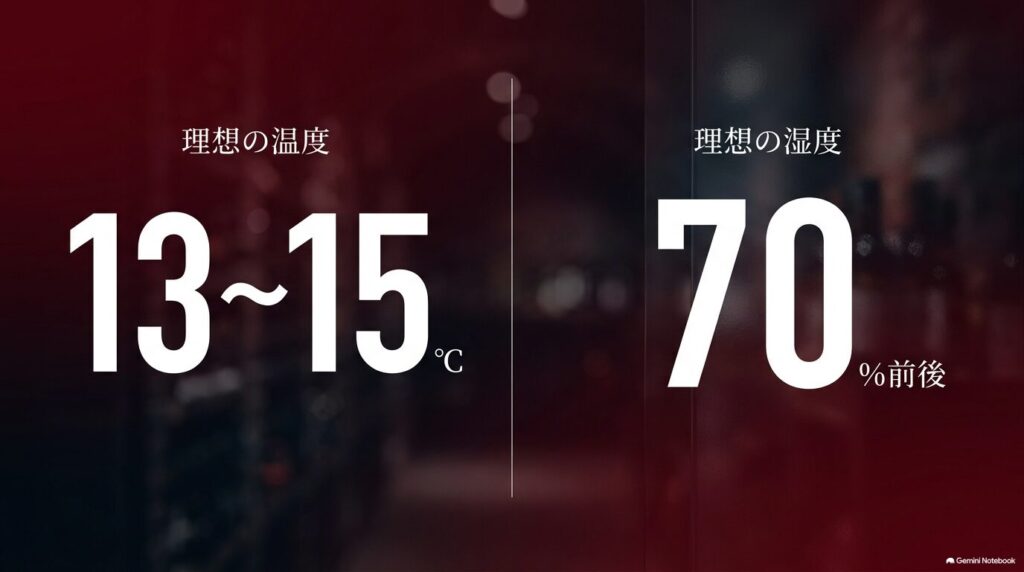 ワインセラーの理想の温度は13度から15度、理想の湿度は70パーセント前後