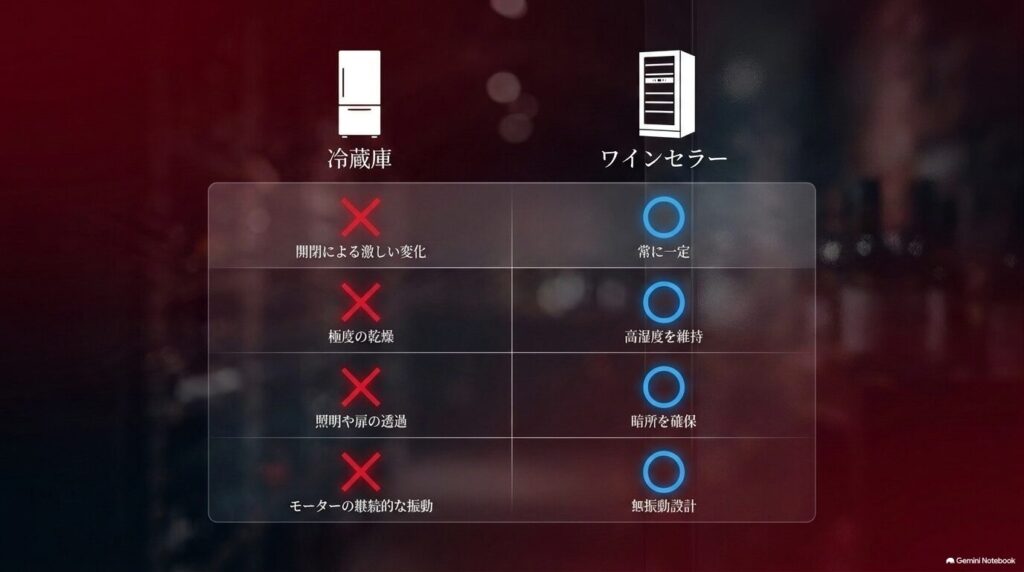 冷蔵庫とワインセラーの比較。ワインセラーは温度と湿度を一定に保ち、暗所の確保や低振動設計が備わっている。