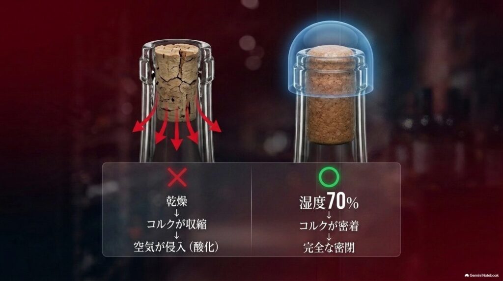 乾燥によってコルクが収縮し空気が侵入して酸化する状態と、湿度70パーセントを保ちコルクが密着して完全な密閉状態になる図解