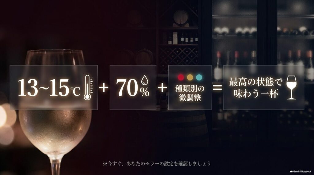 13度から15度の温度、70パーセントの湿度、種類別の微調整を組み合わせることで、最高の状態で味わう一杯になるというまとめ