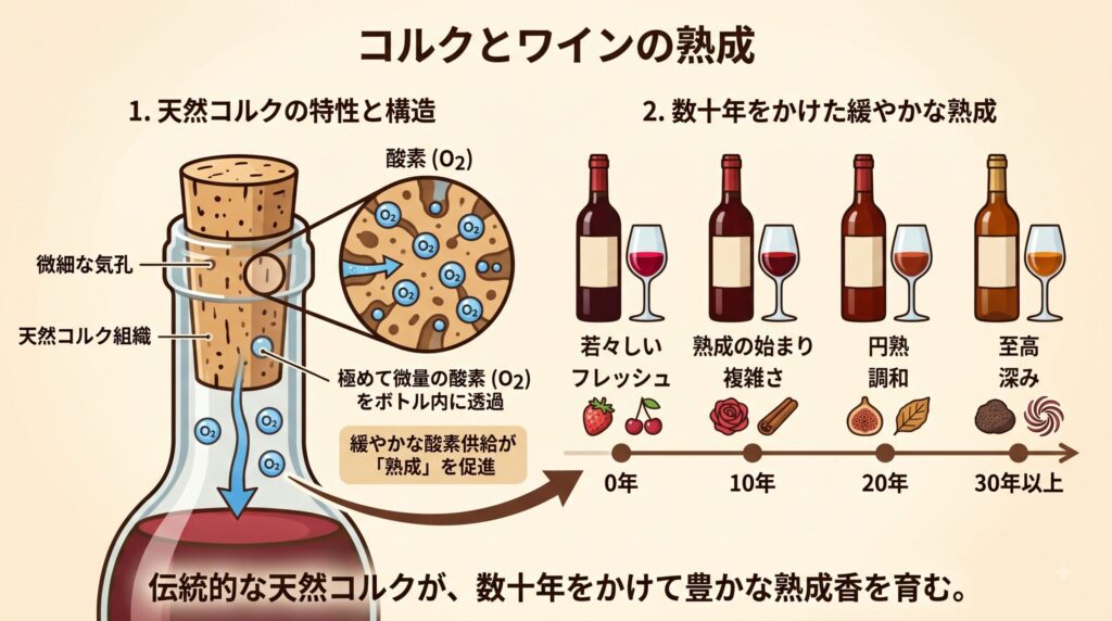 「コルクとワインの熟成」を解説した図解