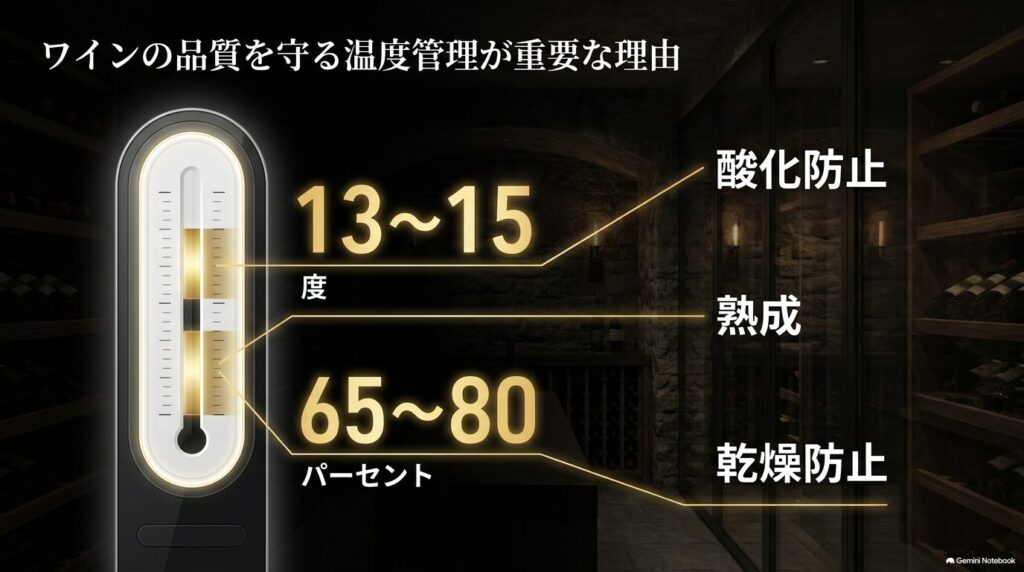 ワインセラーの理想温度13〜15度、湿度65〜80%と、酸化防止・熟成・乾燥防止の重要性を示す図解