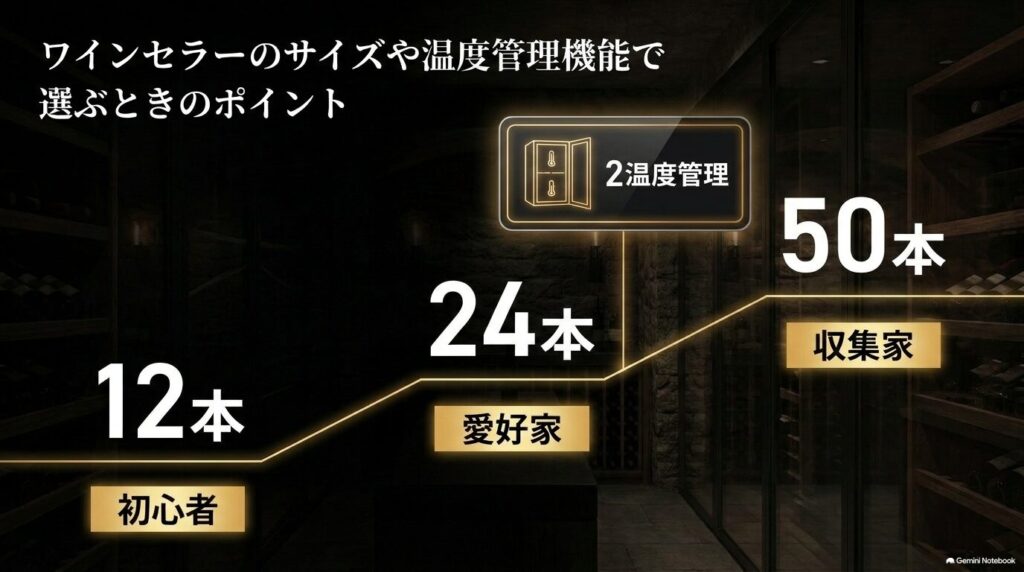 初心者向けの12本、愛好家向けの24本、収集家向けの50本といった収容量の目安と2温度管理機能の解説図