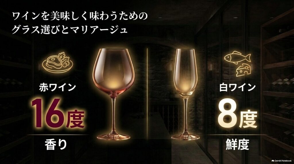 赤ワイン16度と香りを引き出すグラス・料理の組み合わせ、白ワイン8度と鮮度を保つグラス・料理の組み合わせを示す図