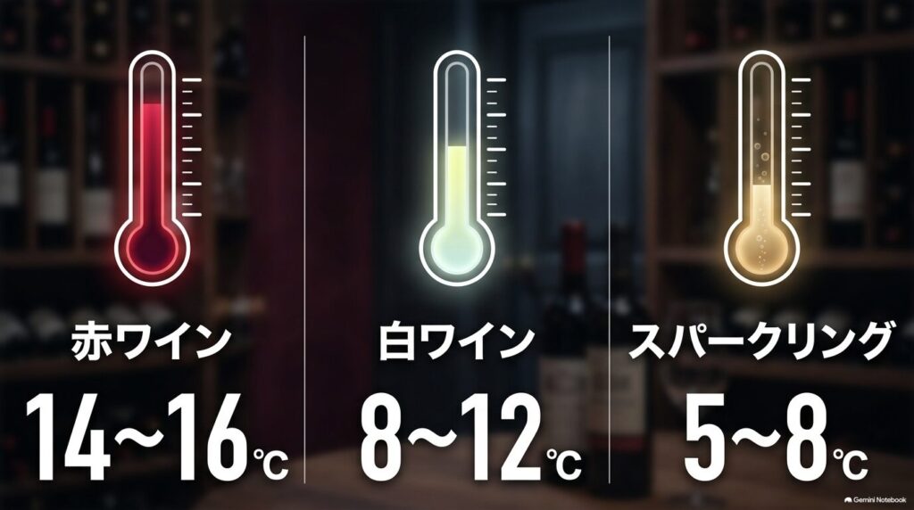 赤ワイン、白ワイン、スパークリングワインの種類別適温一覧