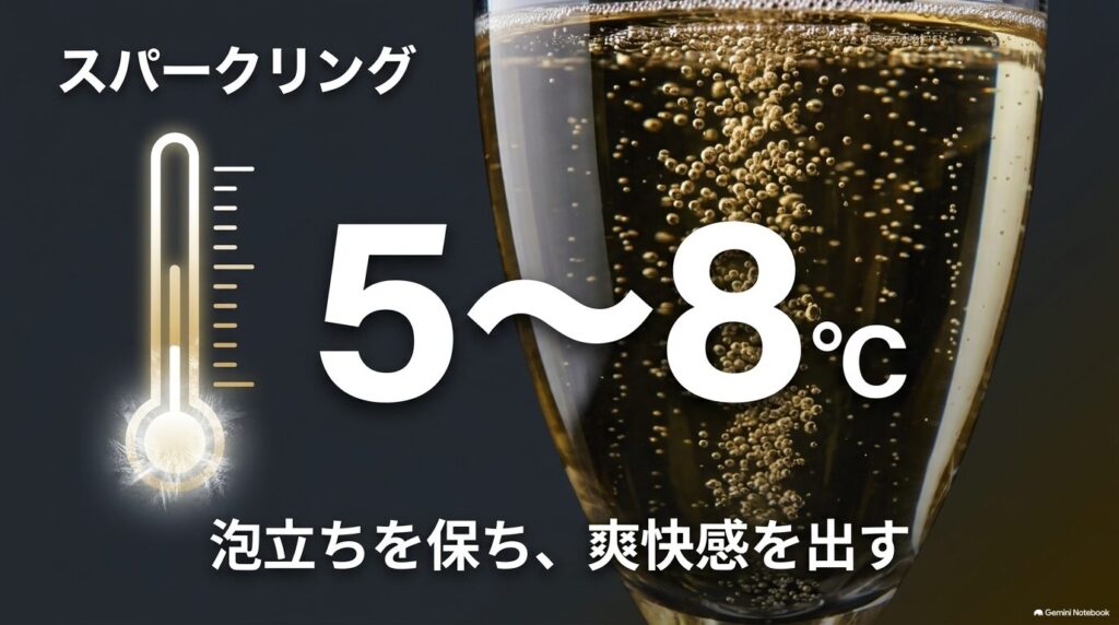 泡立ちを保ち爽快感を出すスパークリングワインの適温(5〜8度)