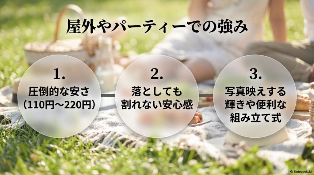 圧倒的な安さや割れない安心感、写真映えなど屋外やパーティーでの100均グラスの強み