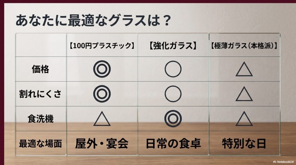 100円プラスチック・強化ガラス・極薄ガラスの用途別比較表