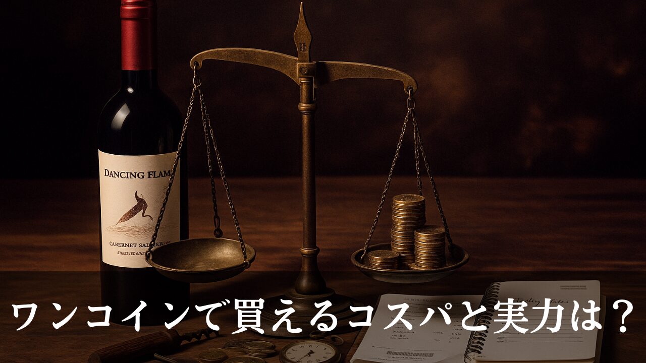 天秤に載ったワインボトルと硬貨