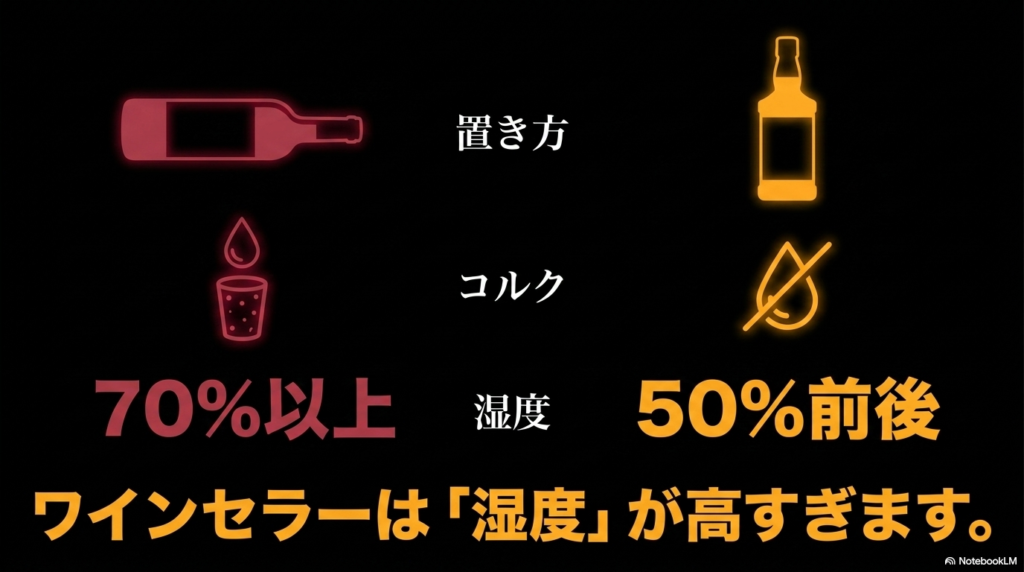 ワインセラーは湿度が高すぎるためウイスキーの保管には注意が必要