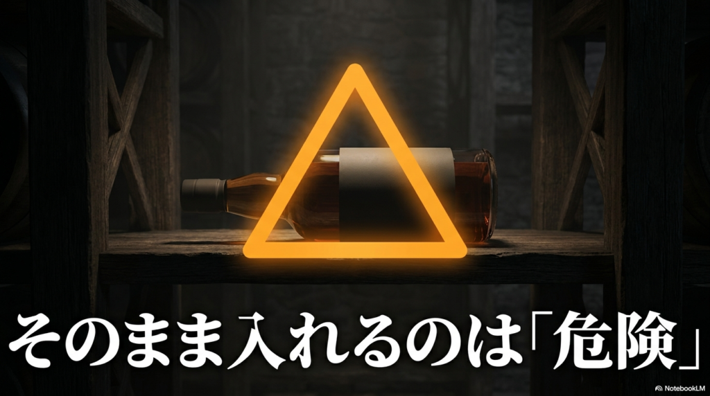 ウイスキーをワインセラーにそのまま入れるのは危険であることを示すスライド