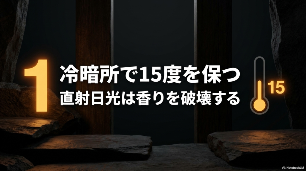 直射日光による香りの破壊を防ぐため、ウイスキーは冷暗所で15度を保つことが重要であることの解説