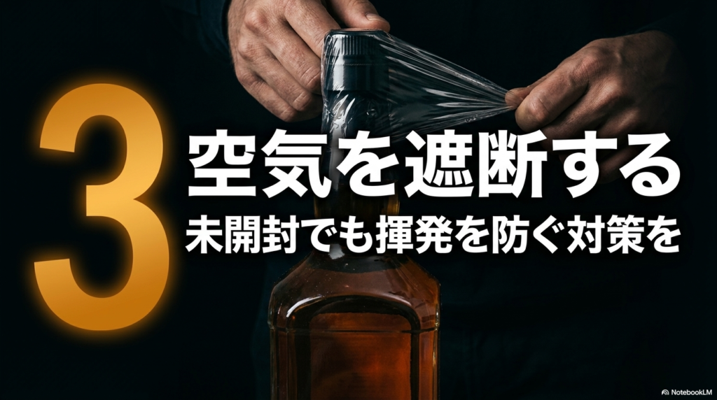 ウイスキーは未開封でも揮発を防ぐために空気を遮断する対策が必要であることの解説