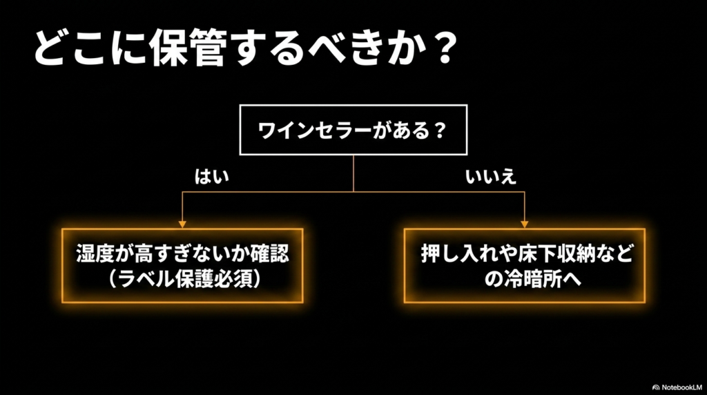 ワインセラーの有無や湿度環境に応じたウイスキーの最適な保管場所を示すフローチャート